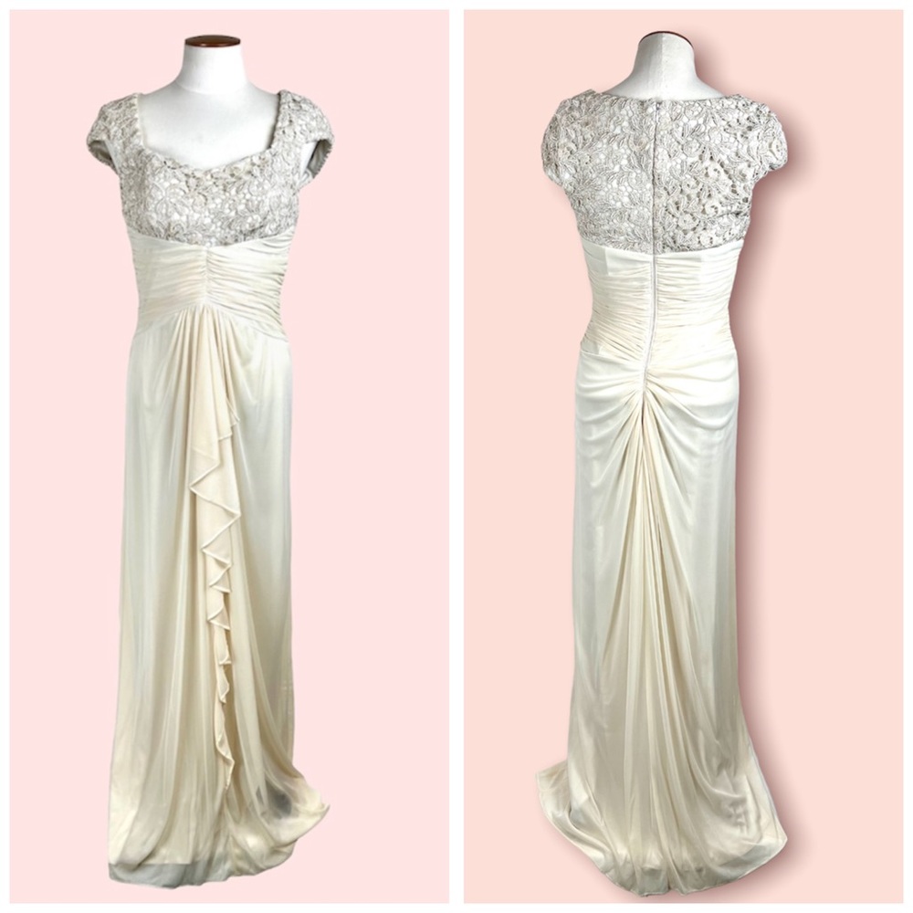 90s Ivory Gown Lace with Ruching and Waterfall Ruffle Size Small